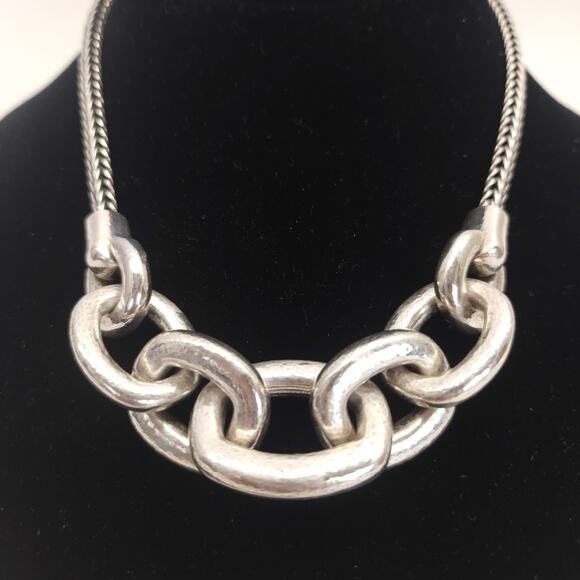 Brighton Mercer Necklace Woven Chain Link Silver Chunky Hammered Artisan 19" - Picture 2 of 7